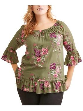 🔥5 for $25🔥 Terra & Sky Plus Size Floral Print Peplum Ruffle Hem Peasant Top